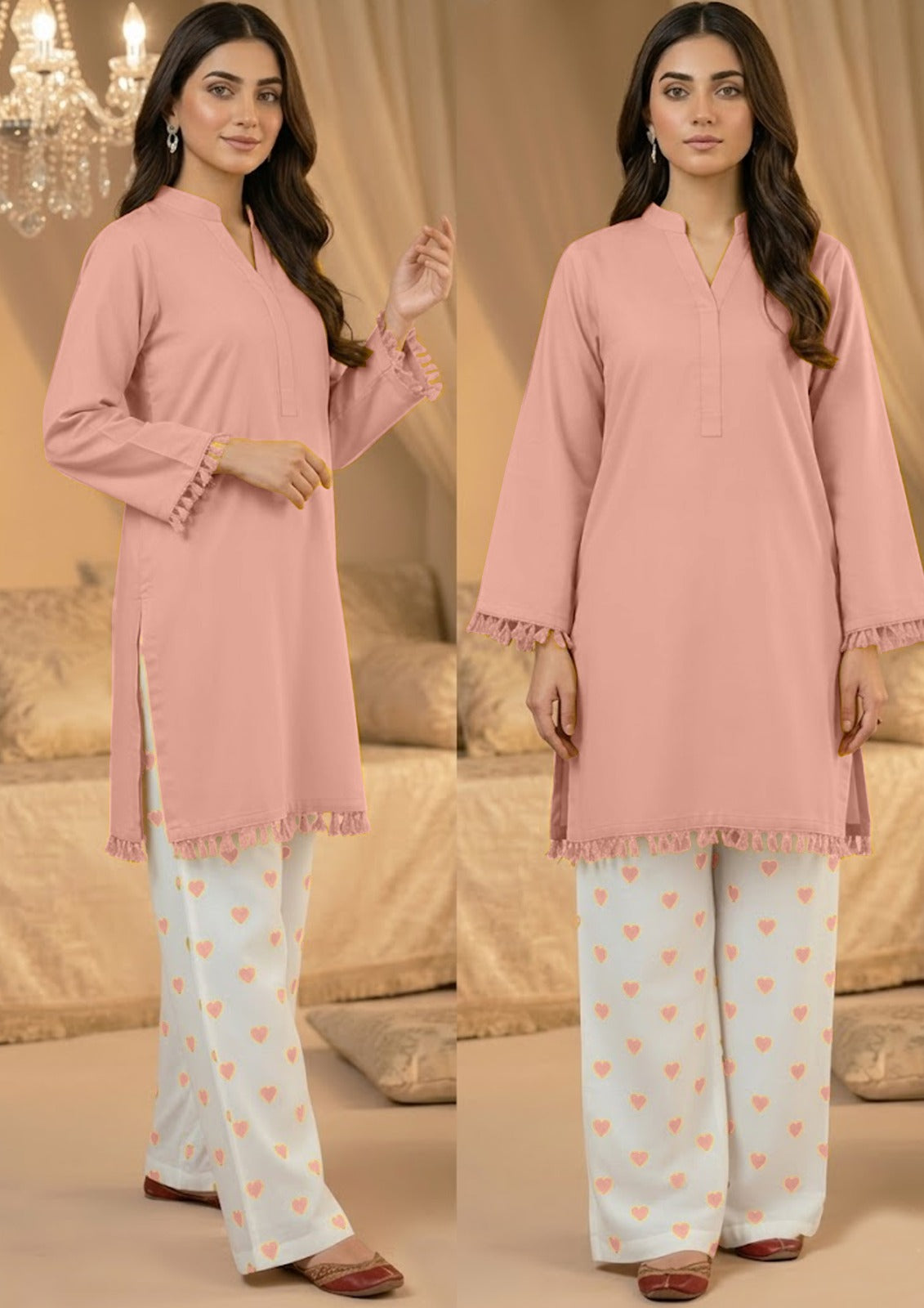Tea Pink solid lawn kurta with tassel details and white heart print trousers, stitched 2 piece for women Pakistan
