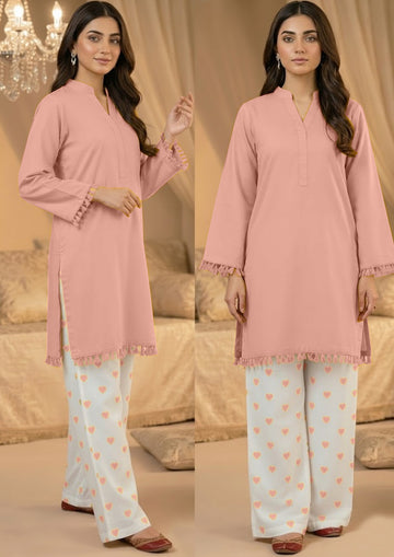 Tea Pink solid lawn kurta with tassel details and white heart print trousers, stitched 2 piece for women Pakistan