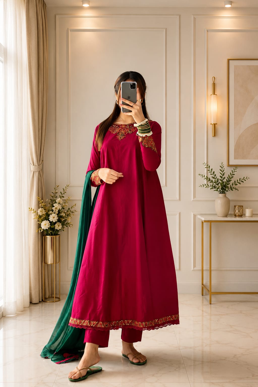 Maroon embroidered 3 piece suit with contrast green dupatta for women, Pakistan