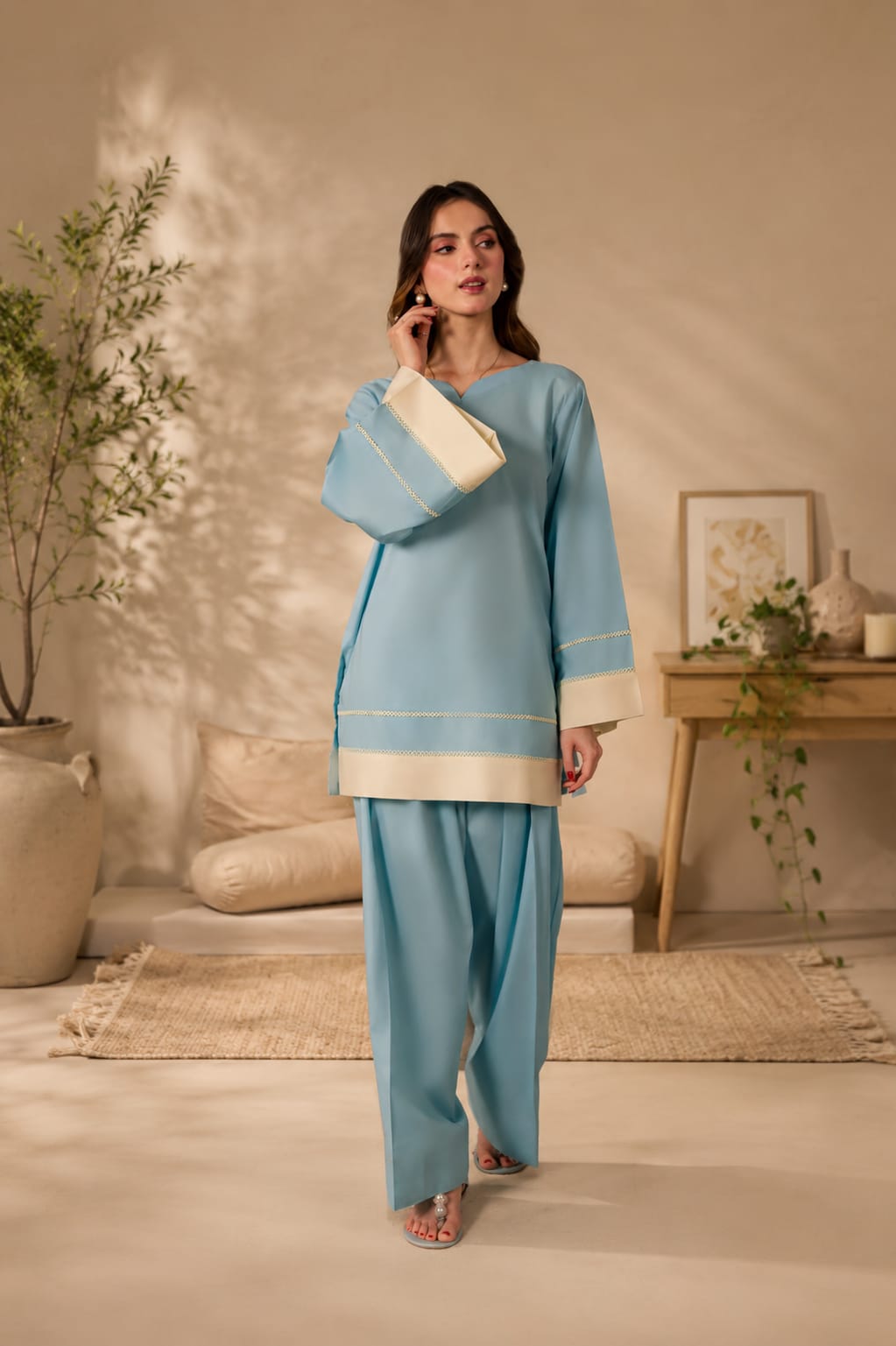 Sky blue stitched lawn 2 piece with contrast cream borders, sweetheart neck kurta and wide-leg trousers for women Pakistan