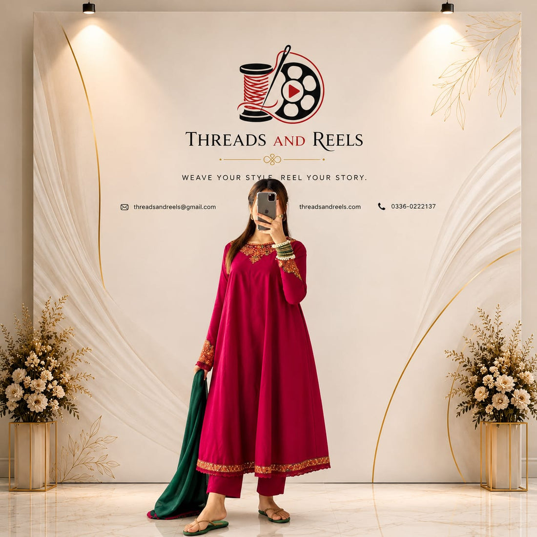 Maroon embroidered 3 piece suit with contrast green dupatta for women, Pakistan