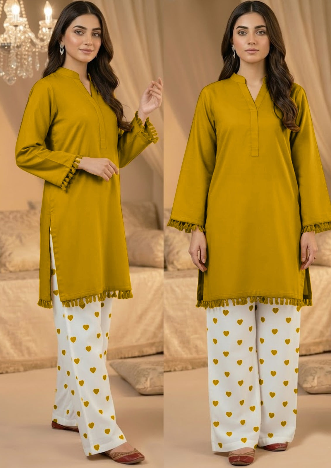 Olive solid lawn kurta with tassel details and white heart print trousers, stitched 2 piece for women Pakistan