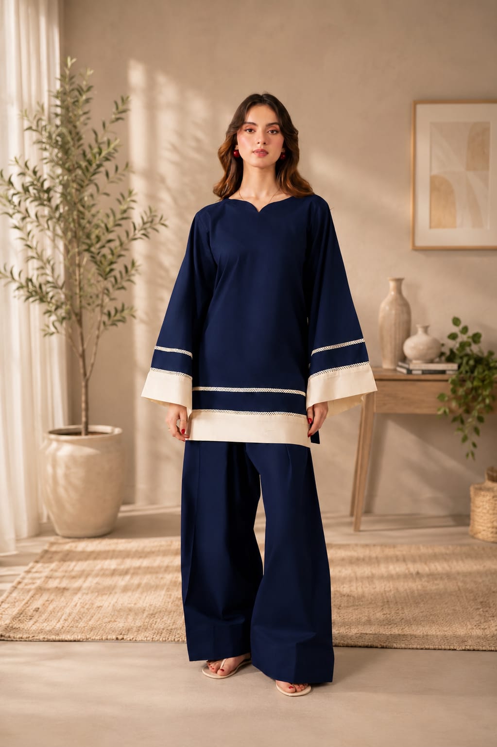 Sky blue stitched lawn 2 piece with contrast cream borders, sweetheart neck kurta and wide-leg trousers for women Pakistan