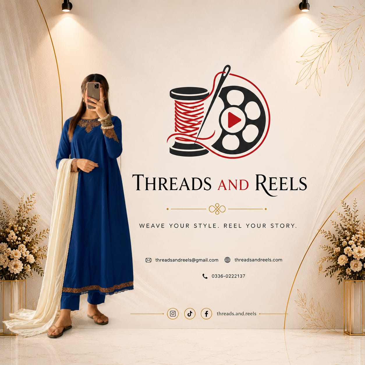 Royal blue embroidered 3 piece suit with dupatta for women, Pakistan