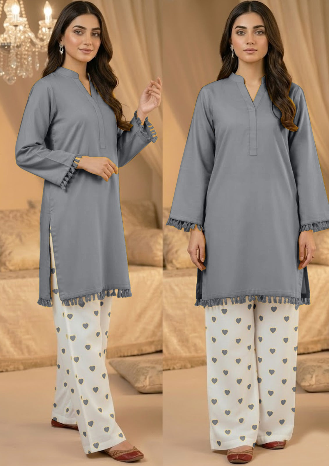 Grey solid lawn kurta with tassel details and white heart print trousers, stitched 2 piece for women Pakistan