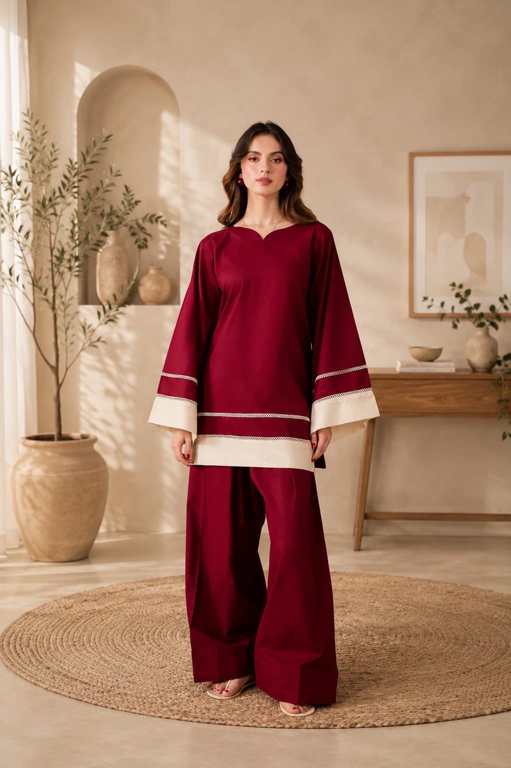 Deep red stitched lawn 2 piece with contrast cream borders, sweetheart neck kurta and wide-leg trousers for women Pakistan