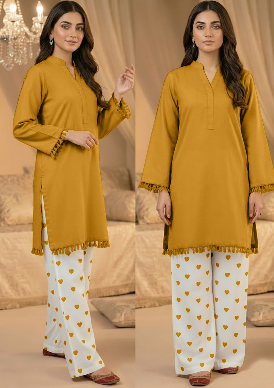 Mustard solid lawn kurta with tassel details and white heart print trousers, stitched 2 piece for women Pakistan