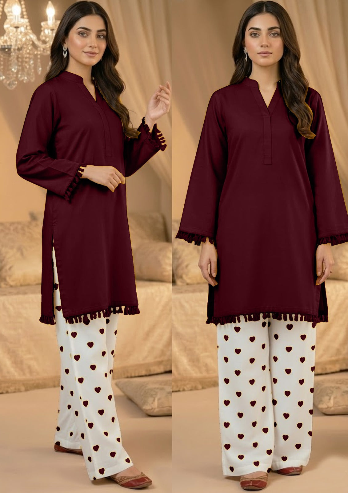 Maroon solid lawn kurta with tassel details and white heart print trousers, stitched 2 piece for women Pakistan