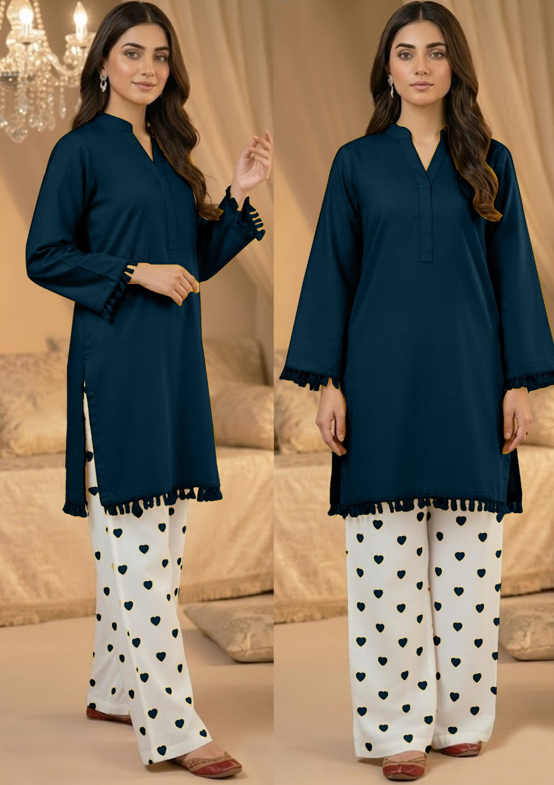 Teal Blue solid lawn kurta with tassel details and white heart print trousers, stitched 2 piece for women Pakistan