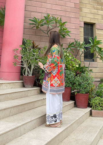 Embroidered viscose lawn 2 piece with farshi shalwar for women, front view — Threads and Reels Pakistan