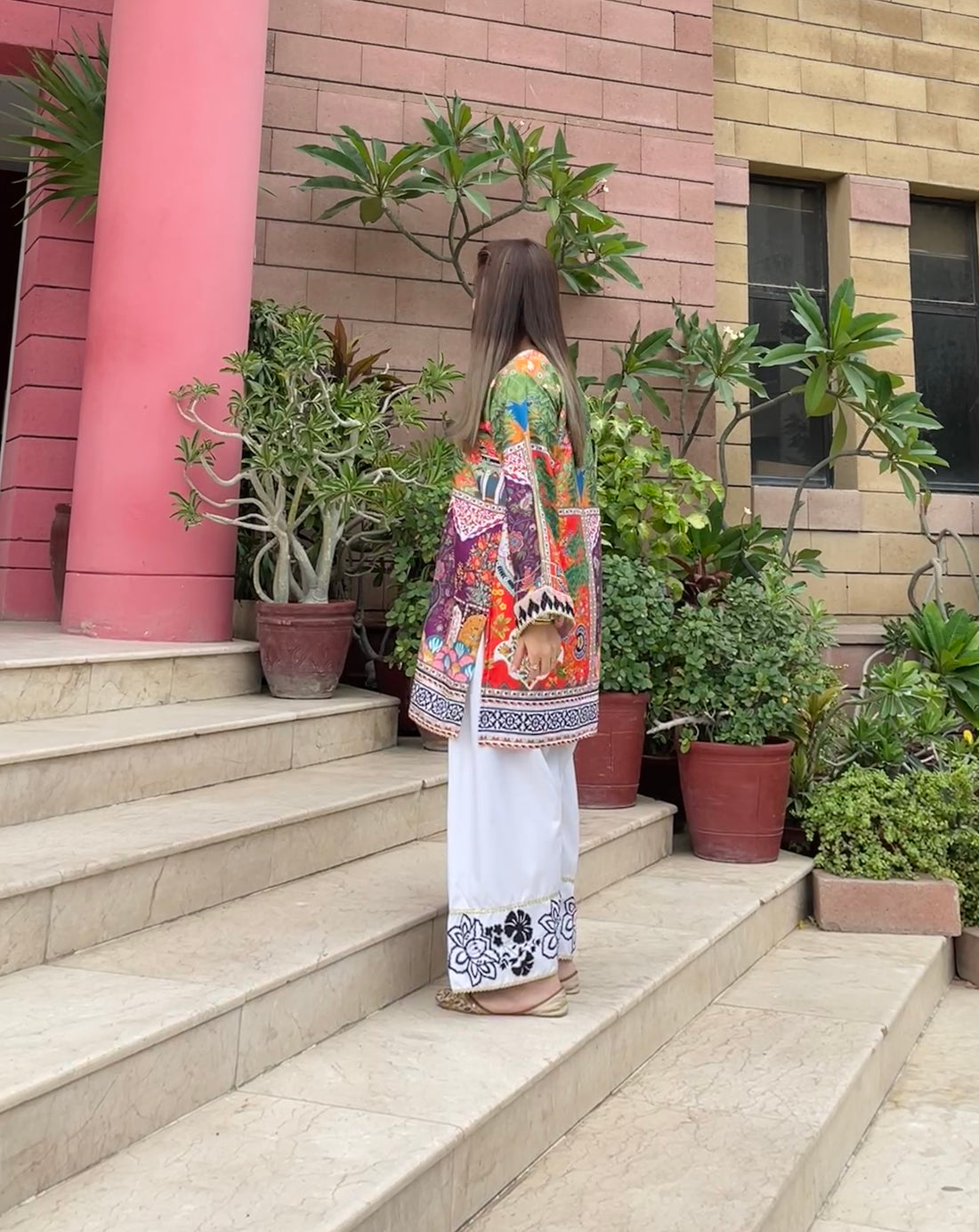 Embroidered viscose lawn 2 piece with farshi shalwar for women, front view — Threads and Reels Pakistan