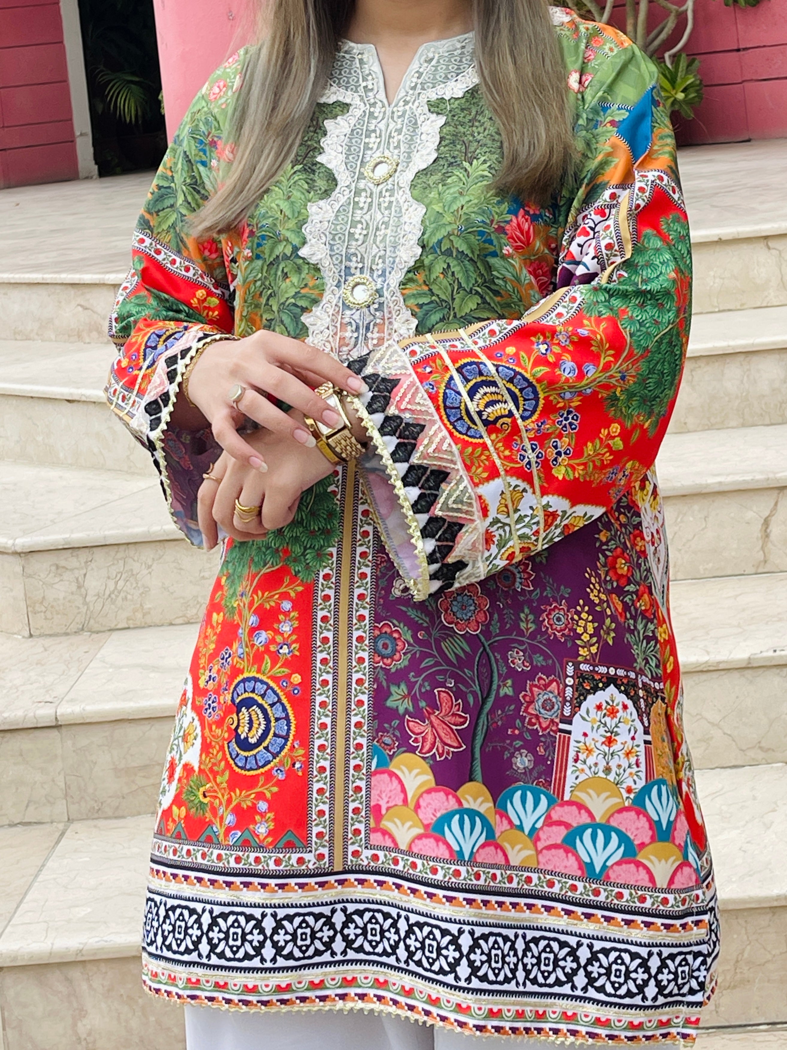 Wide-leg farshi shalwar paired with embroidered viscose lawn kurta for women Pakistan