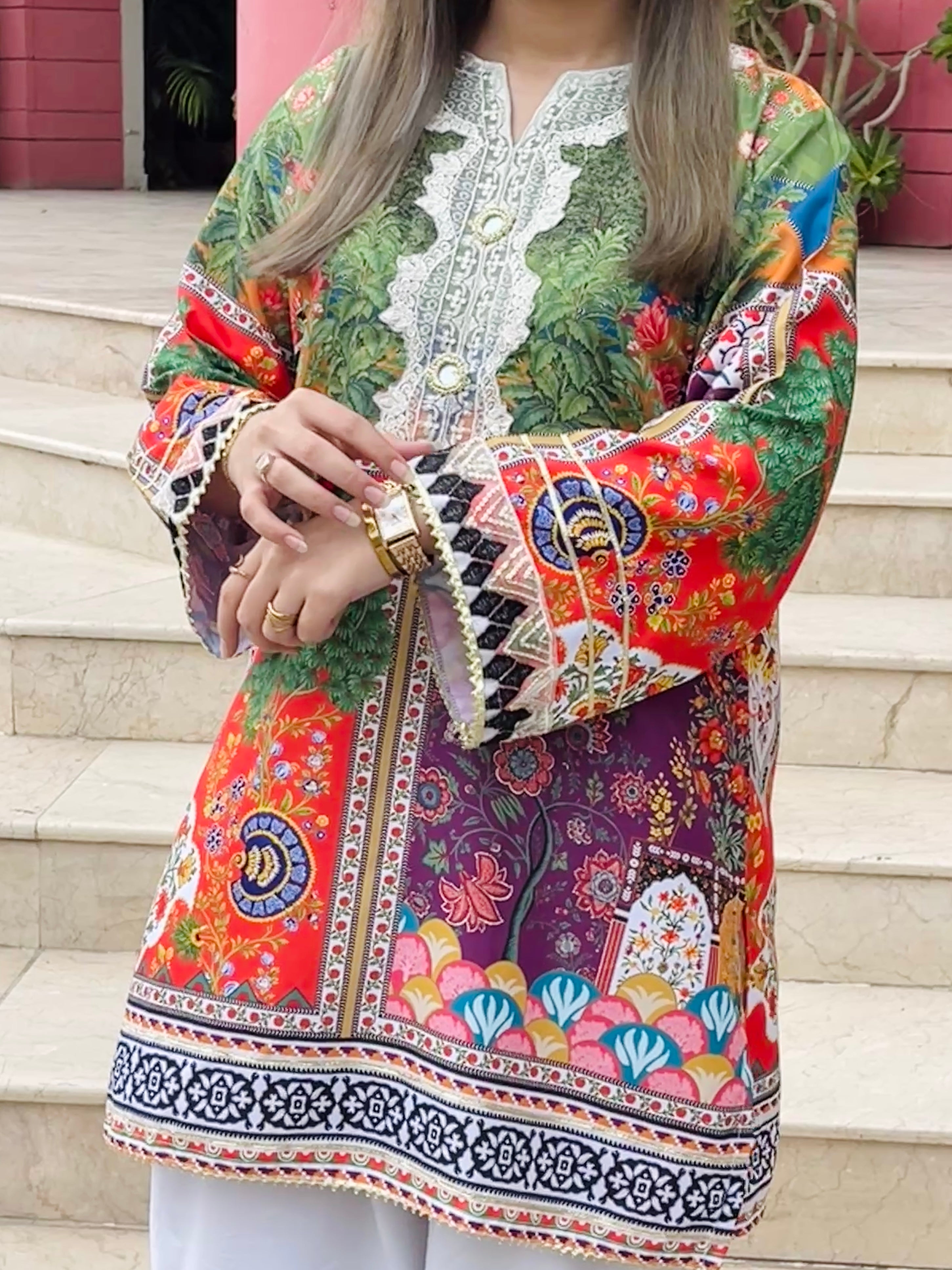 Neckline embroidery close-up on premium viscose lawn 2 piece suit