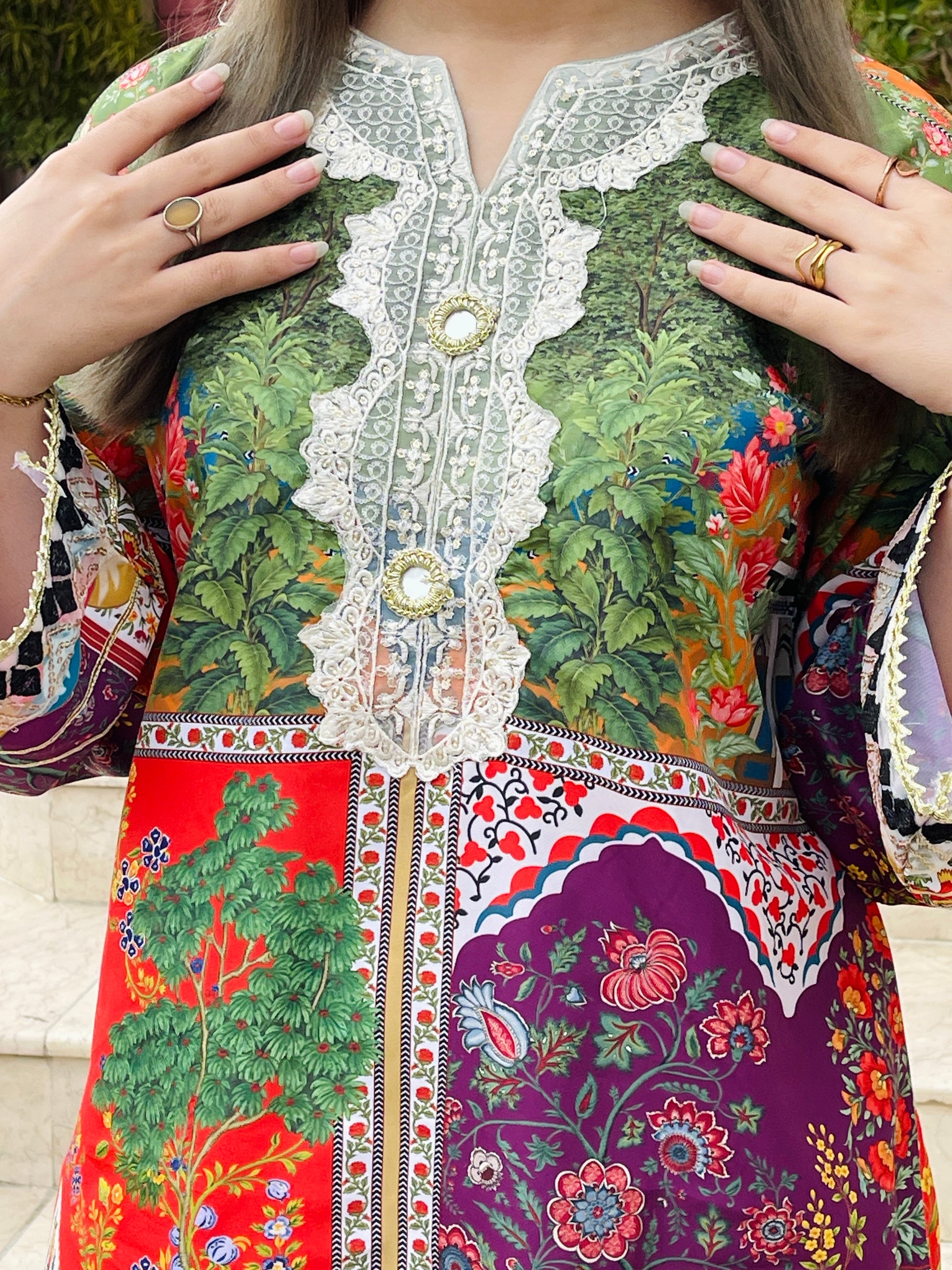 Embroidered viscose lawn co-ord set with farshi shalwar, side pose — women's ethnic wear Pakistan
