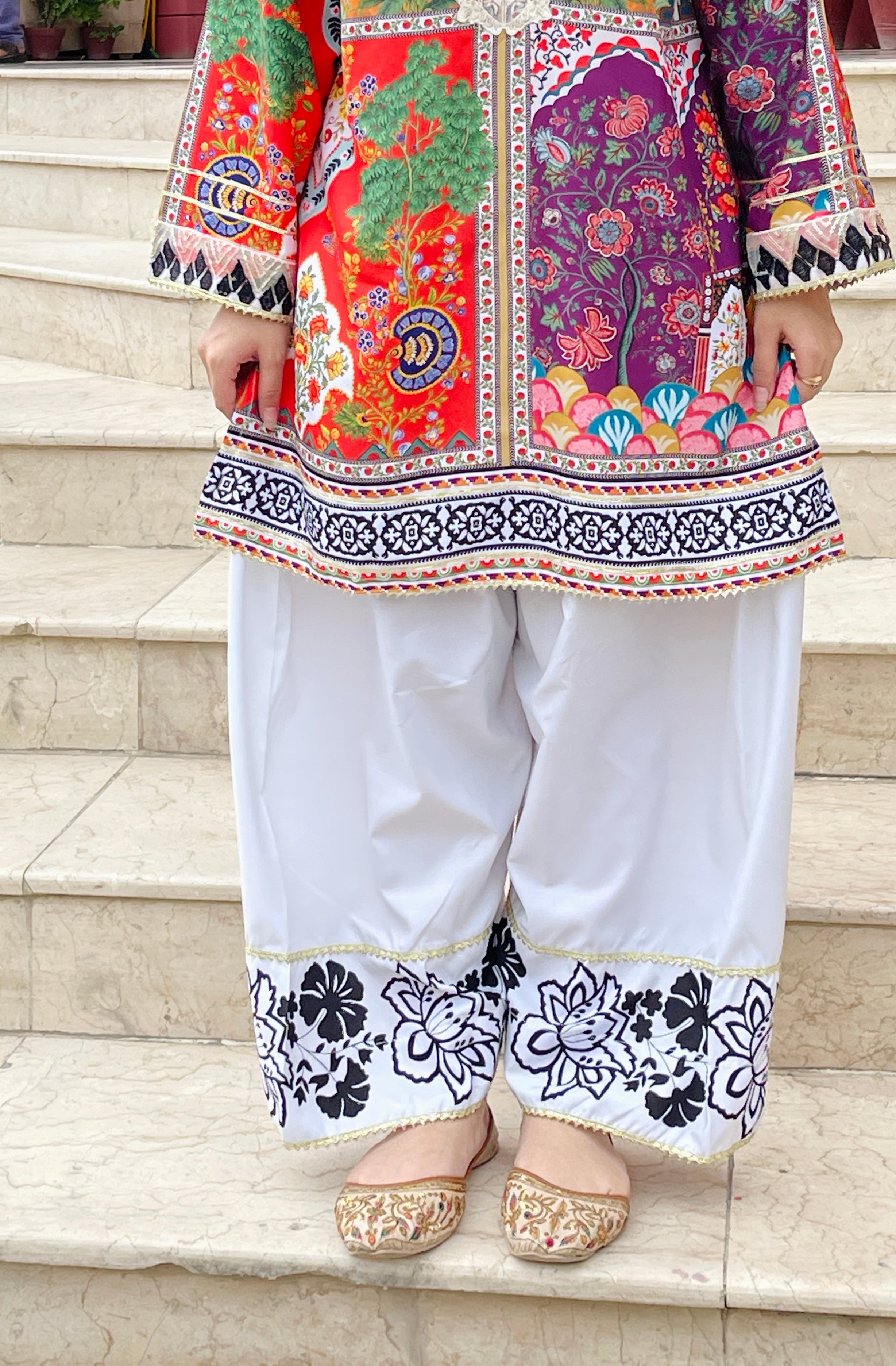 Full length view of embroidered viscose lawn 2 piece with farshi shalwar for women Pakistan