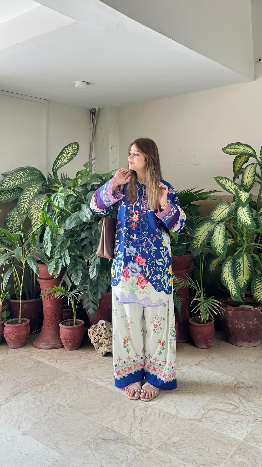 Royal Azure blue digital printed 2 piece suit for women, front view — Threads and Reels Pakistan