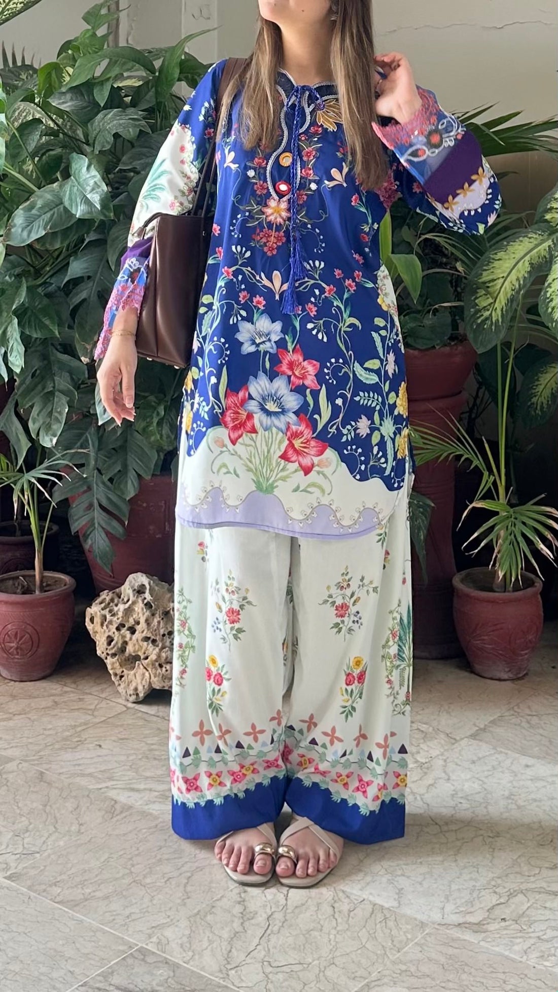 Royal Azure blue digital printed 2 piece suit for women, front view — Threads and Reels Pakistan