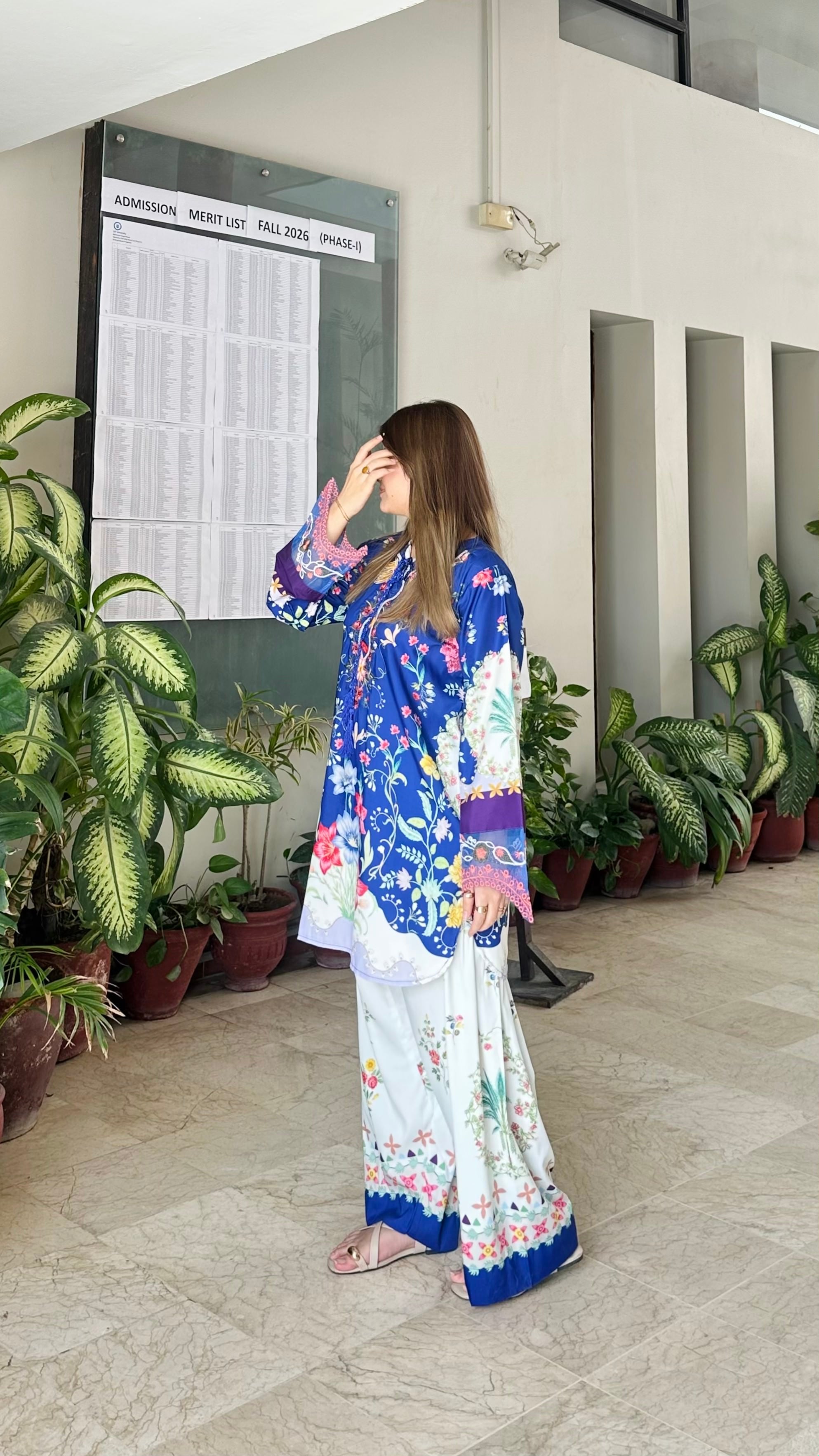 Floral digital print detail on Royal Azure blue kurta, premium 2 piece suit