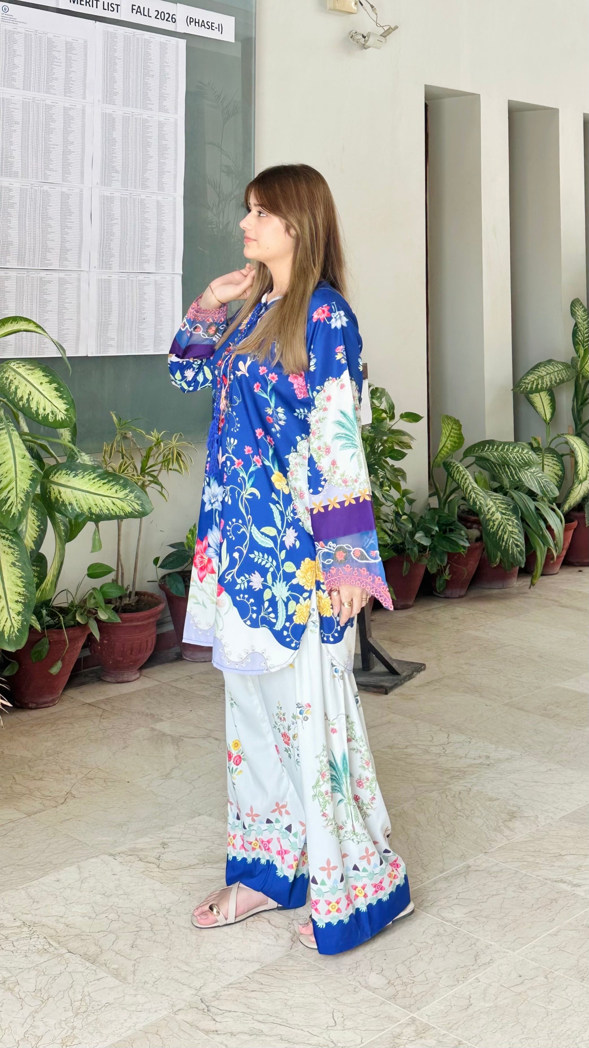 Contrast bell sleeve with purple lace trim on Royal Azure printed kurta