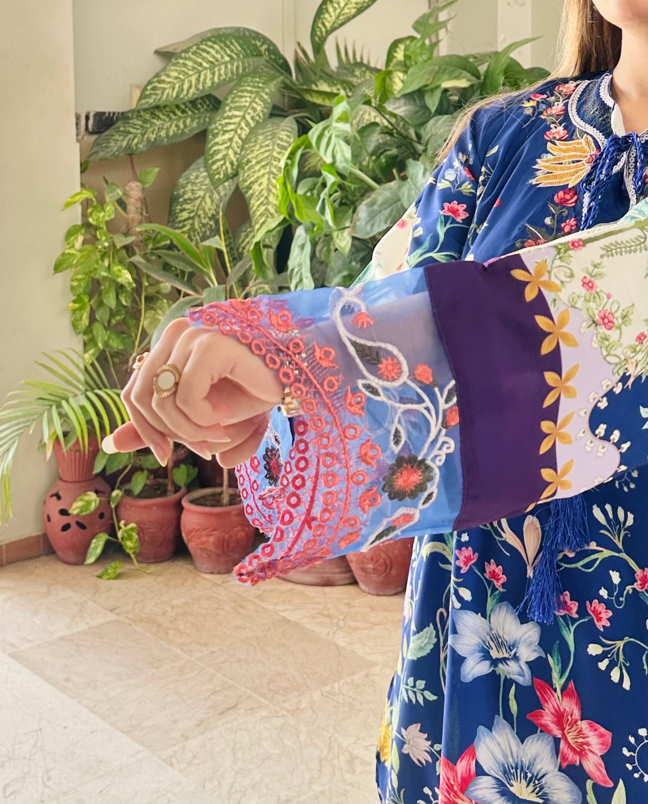 Royal Azure blue printed 2 piece suit, side pose — women's ethnic wear Pakistan
