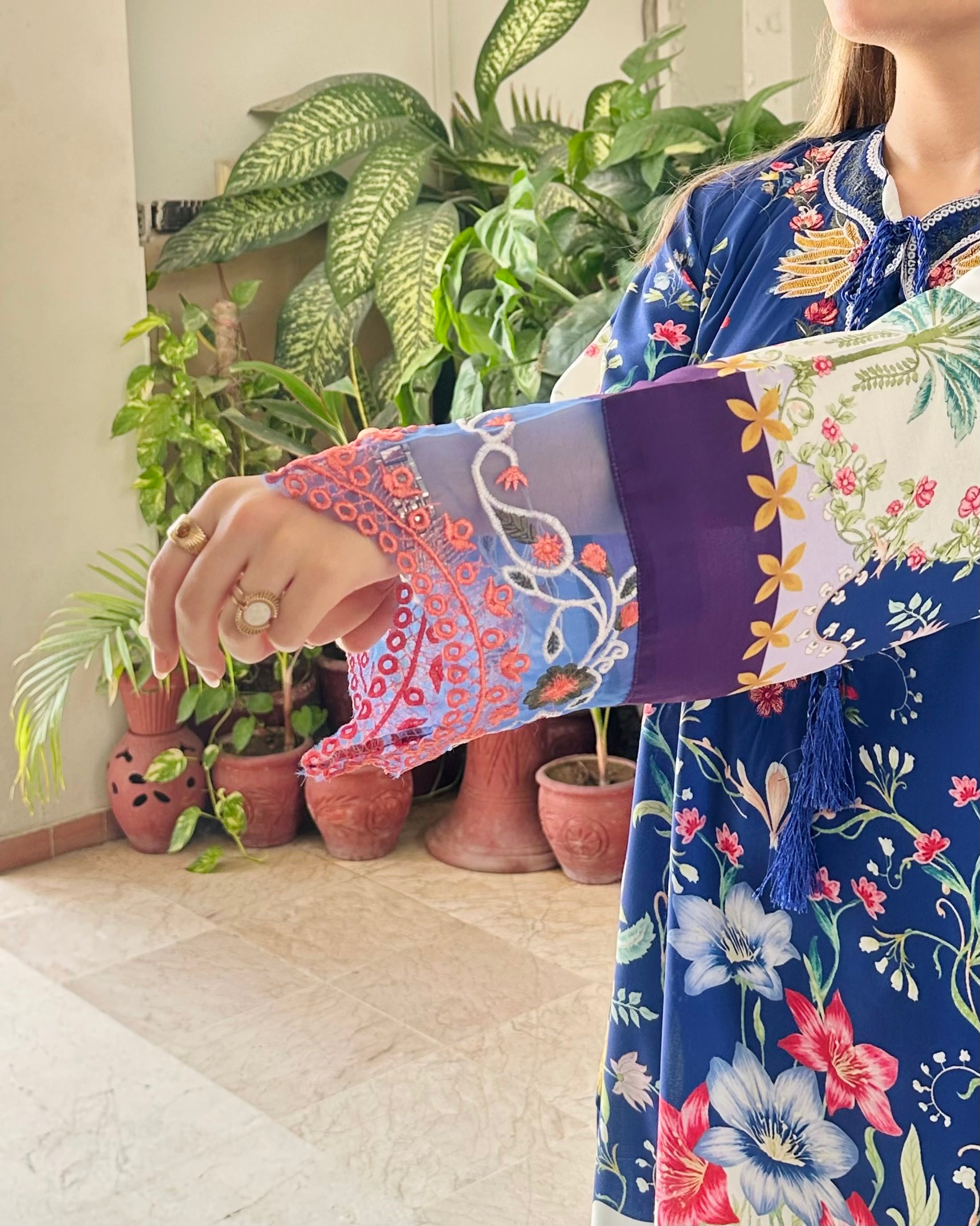 Cream printed trouser with purple border paired with azure blue kurta, women's 2 piece