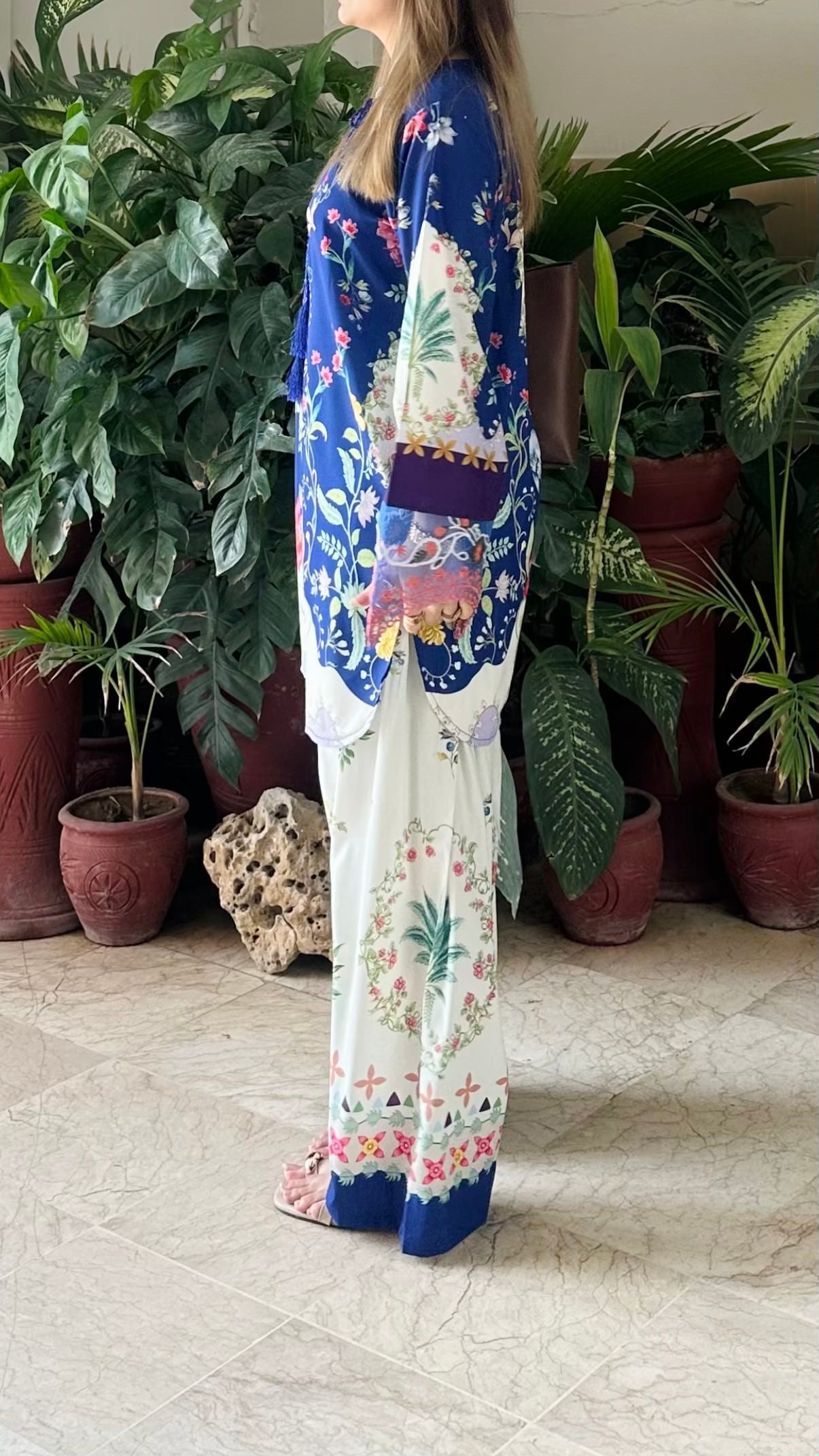 Royal Azure blue floral print suit styled for casual and festive wear