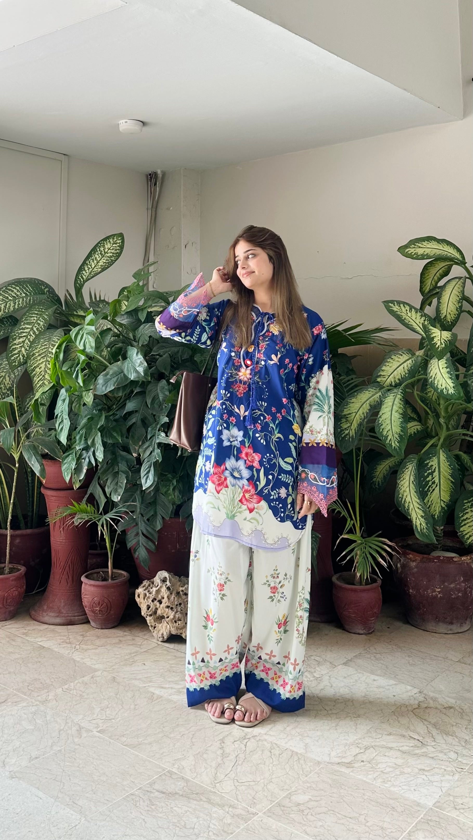 Premium digital printed azure blue kurta set with lace detailing, ready to wear Pakistan