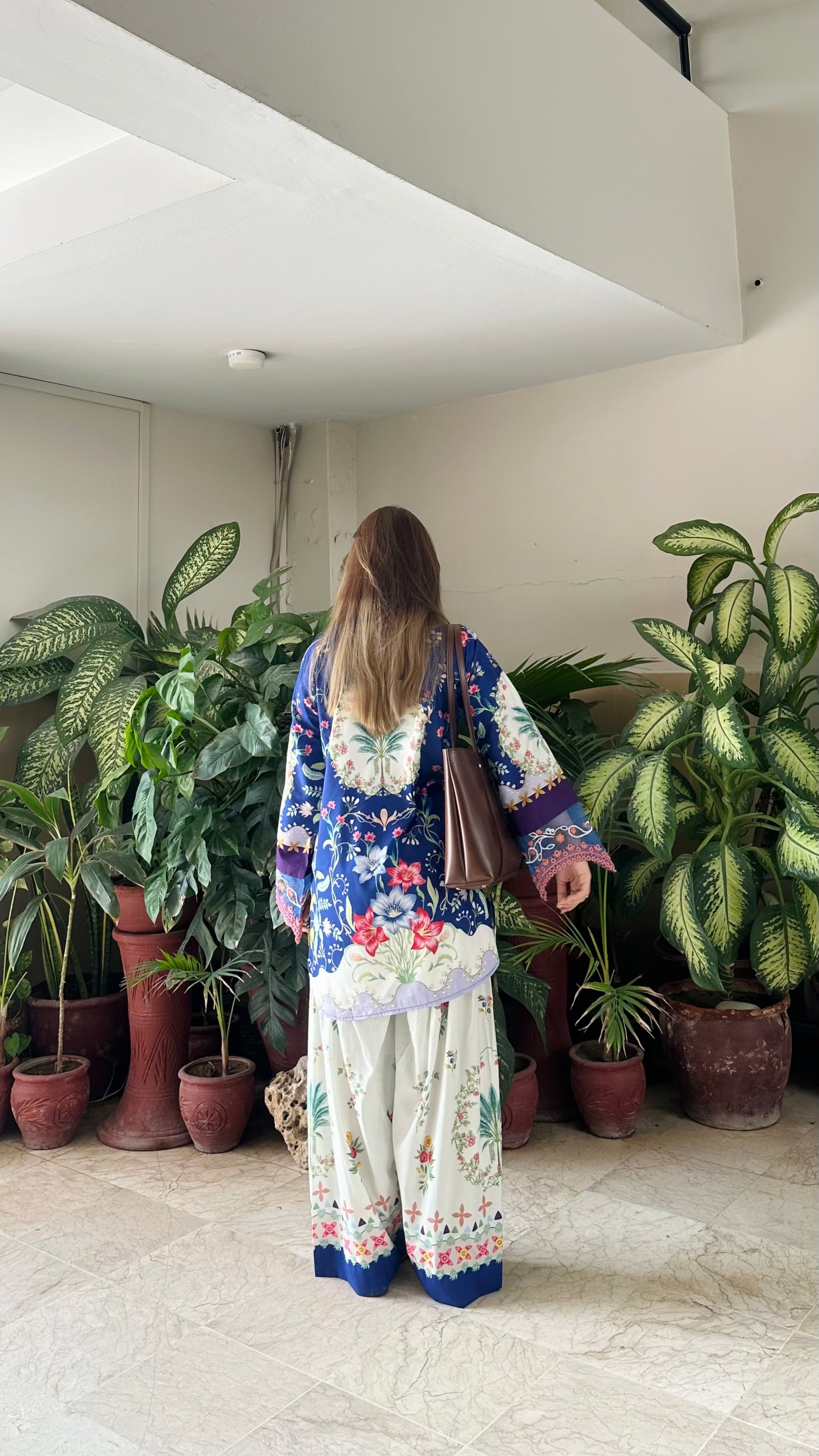 Royal Azure 2 piece digital printed suit with bell sleeves, women's stitched suit Pakistan