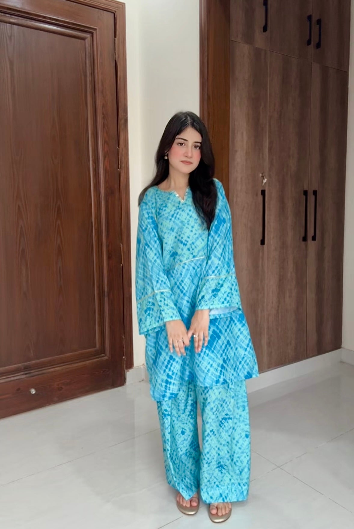 Teal bandhani print 2 piece styled for Eid and festive wear