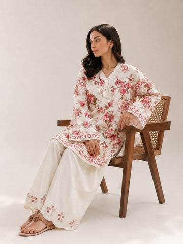 Floral Grace embroidered and printed premium lawn 2 piece suit for women, front view — Threads and Reels Pakistan