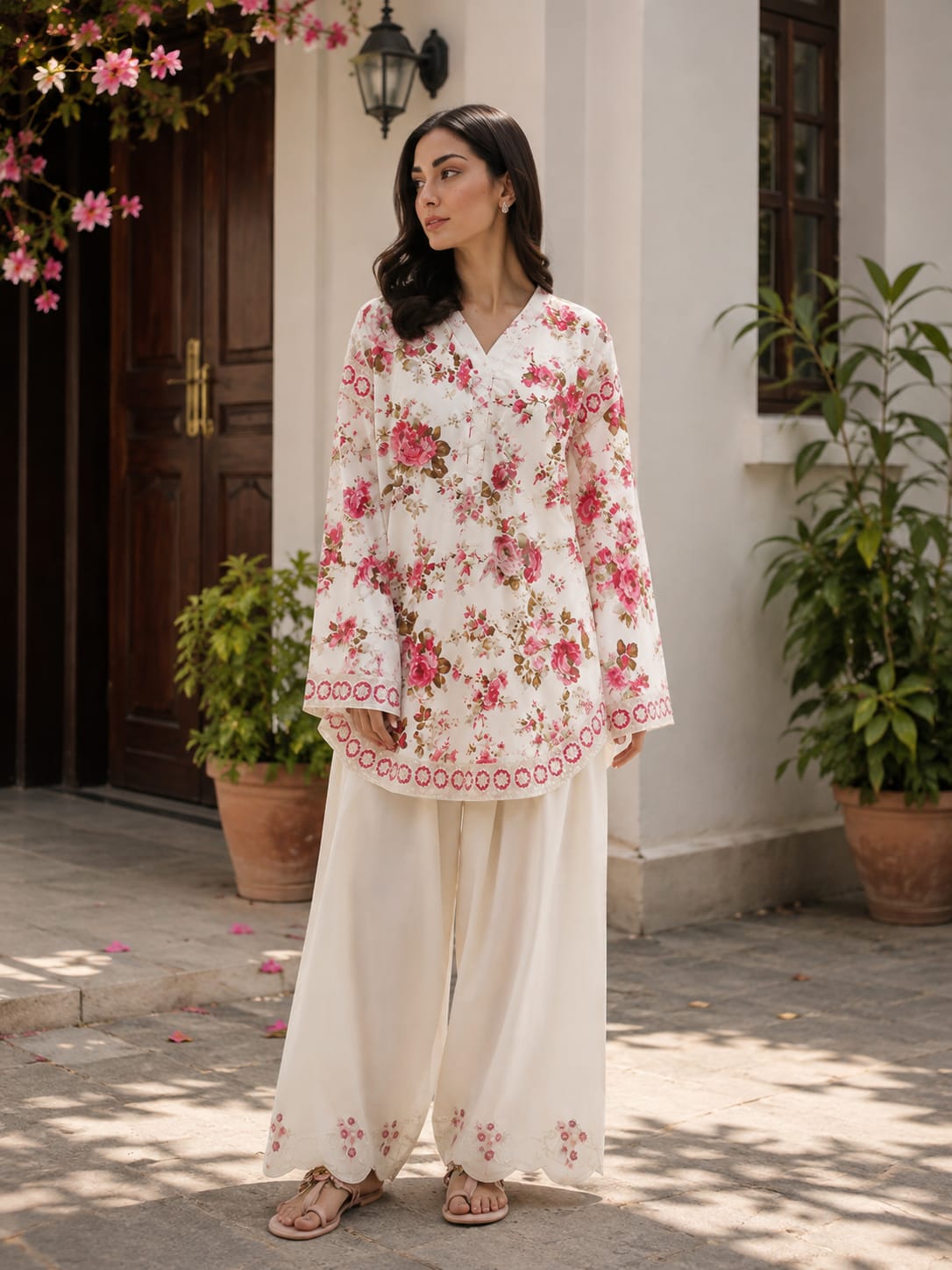Embroidery and floral print detail on Floral Grace premium lawn kurta