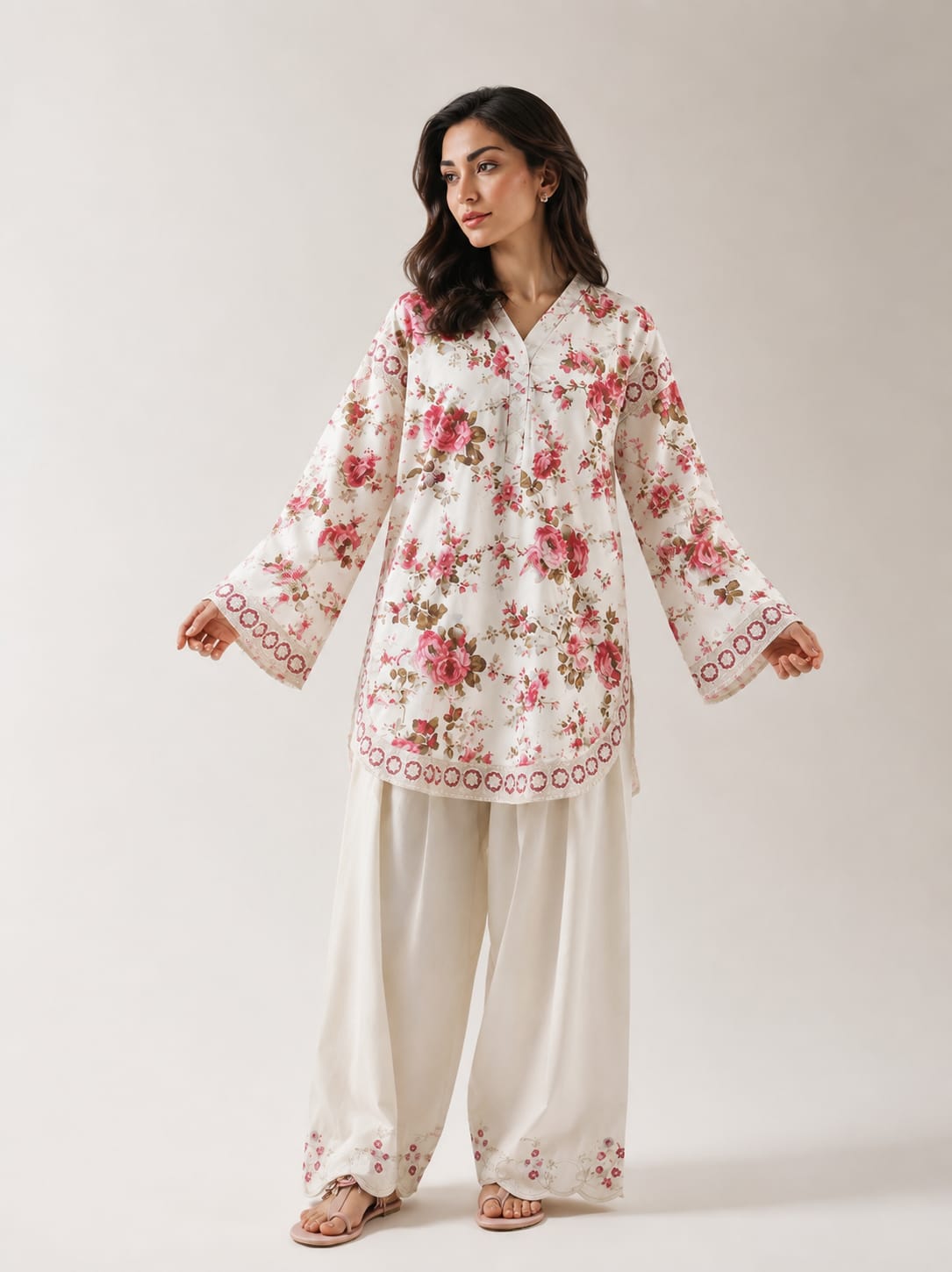 Floral Grace lawn 2 piece with printed trouser for women, side view Pakistan