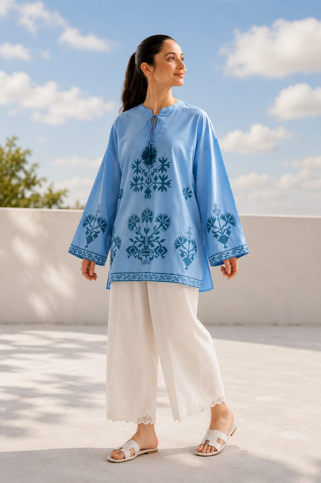Sky blue embroidered 2-piece suit with ivory wide-leg trousers - front view