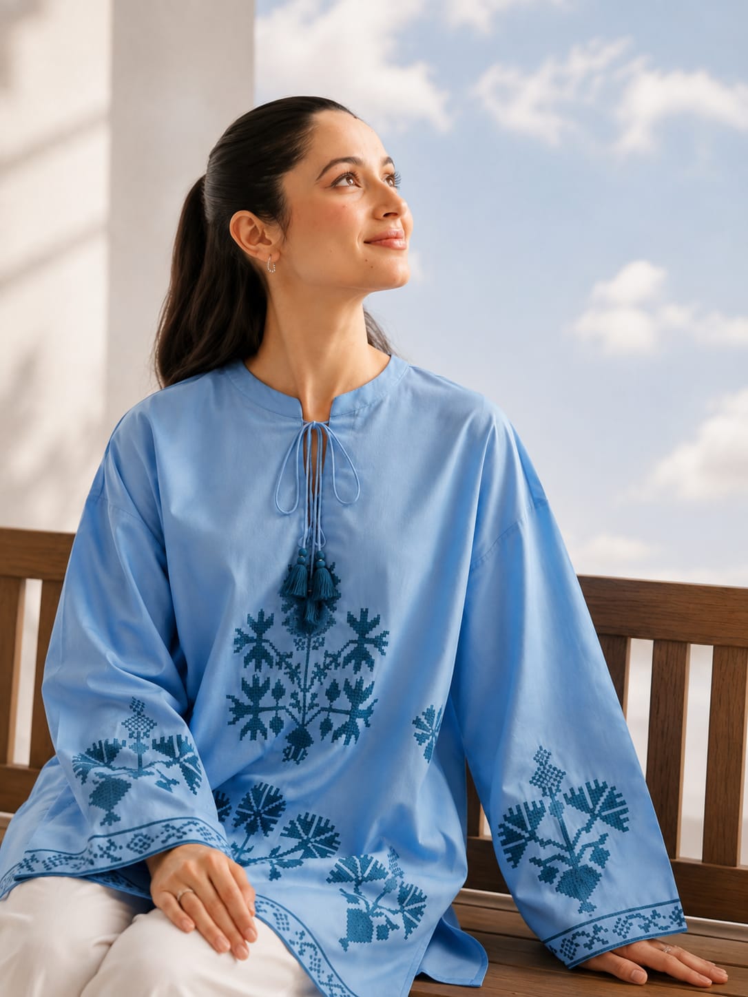 Sky blue embroidered 2-piece suit with ivory wide-leg trousers - front view