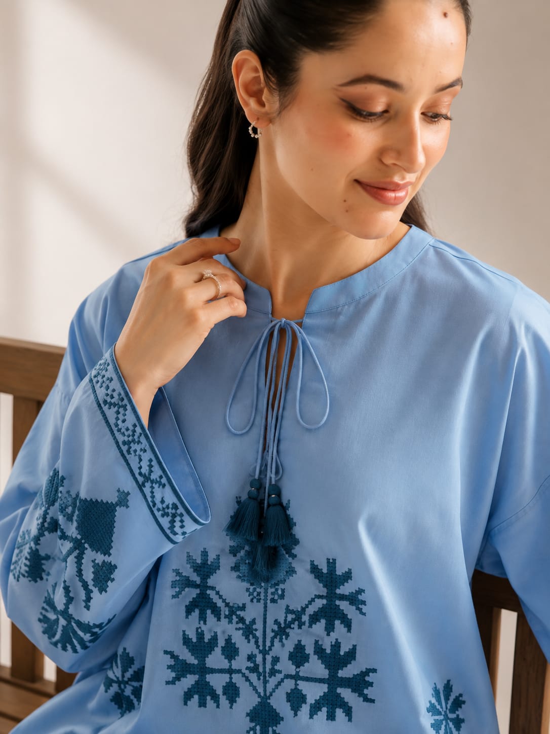 Sky blue embroidered 2-piece Pakistani suit with wide embroidered sleeves