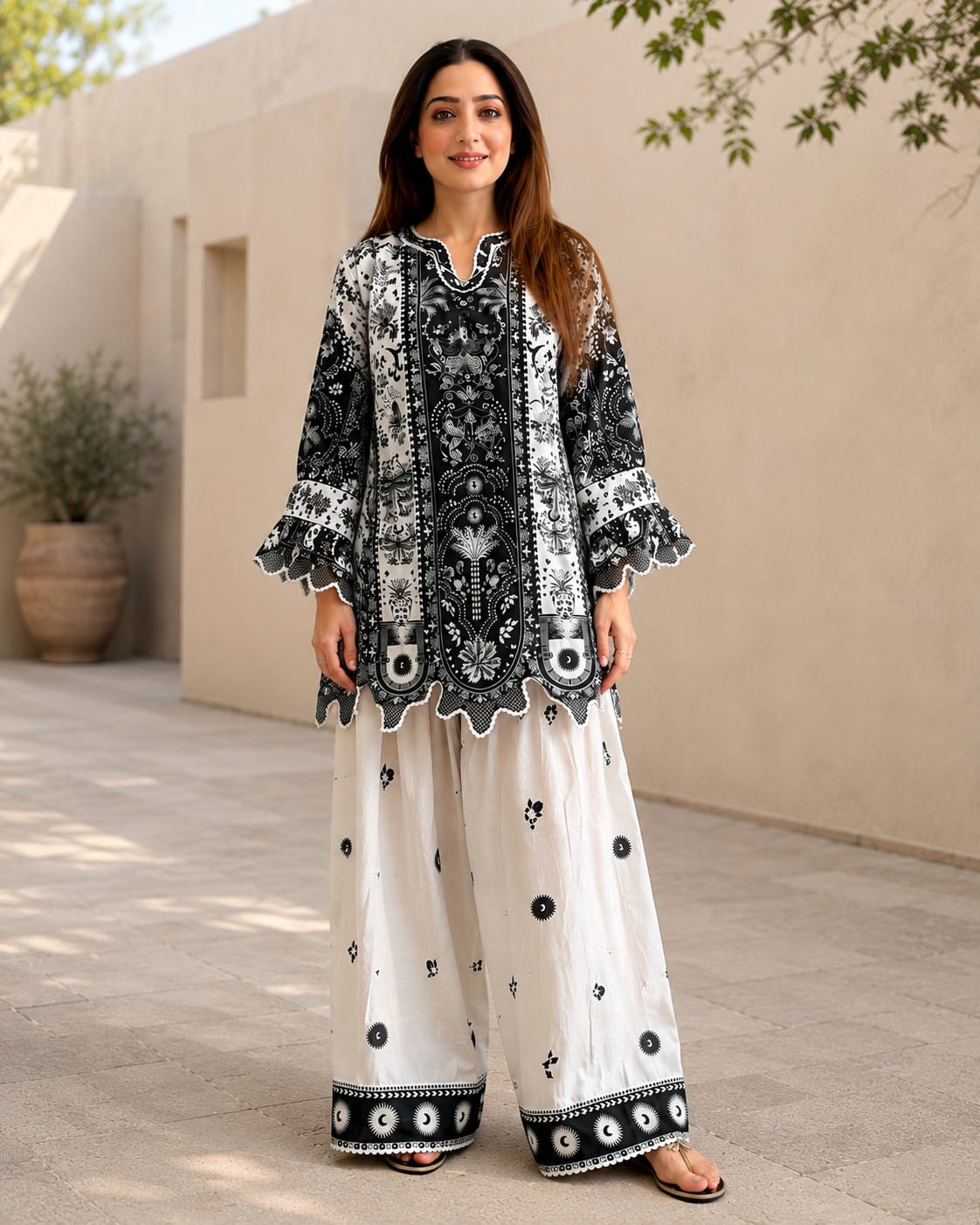 Eclipse stitched cotton silk shalwar suit with monochrome floral print