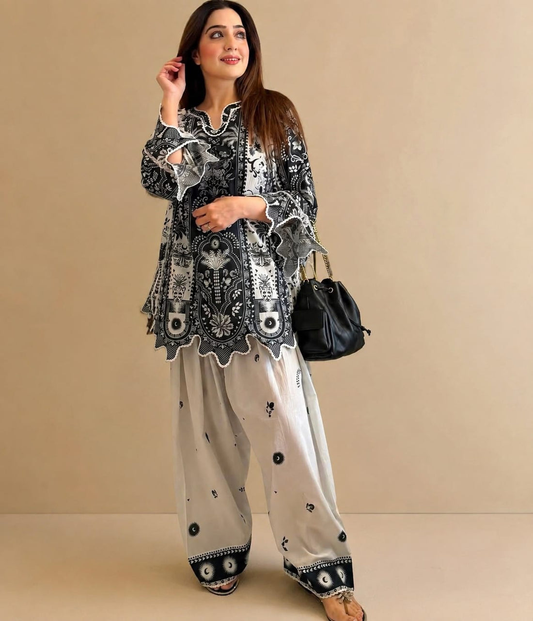 Eclipse black and white printed cotton silk 2-piece shalwar suit - front view
