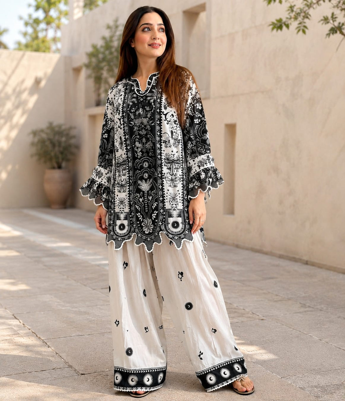 Eclipse black and white printed cotton silk 2-piece shalwar suit - front view